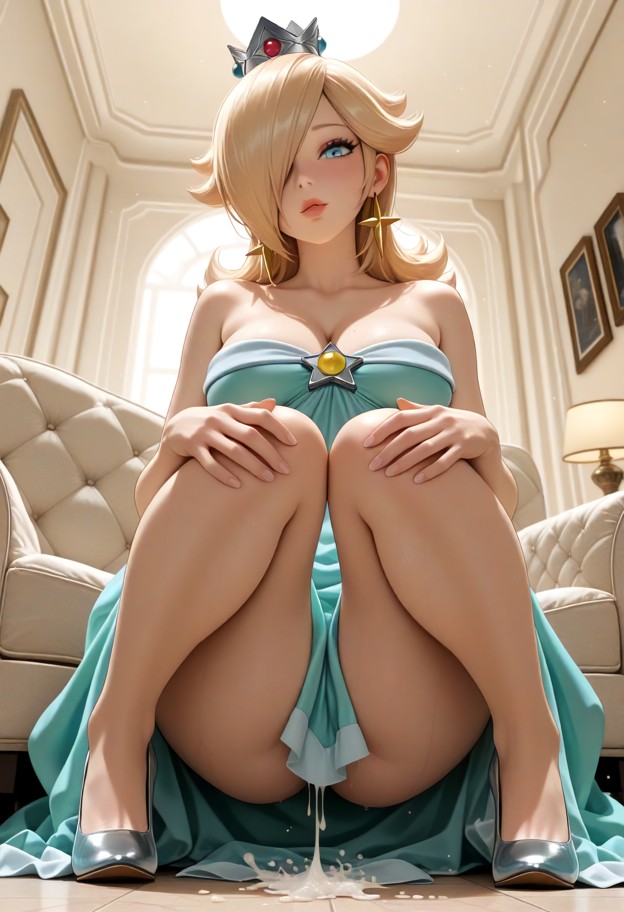 on her hands and knees spreading her arms,blue silk princess dress,soaked with white cum,cozy living room,soft fabric…