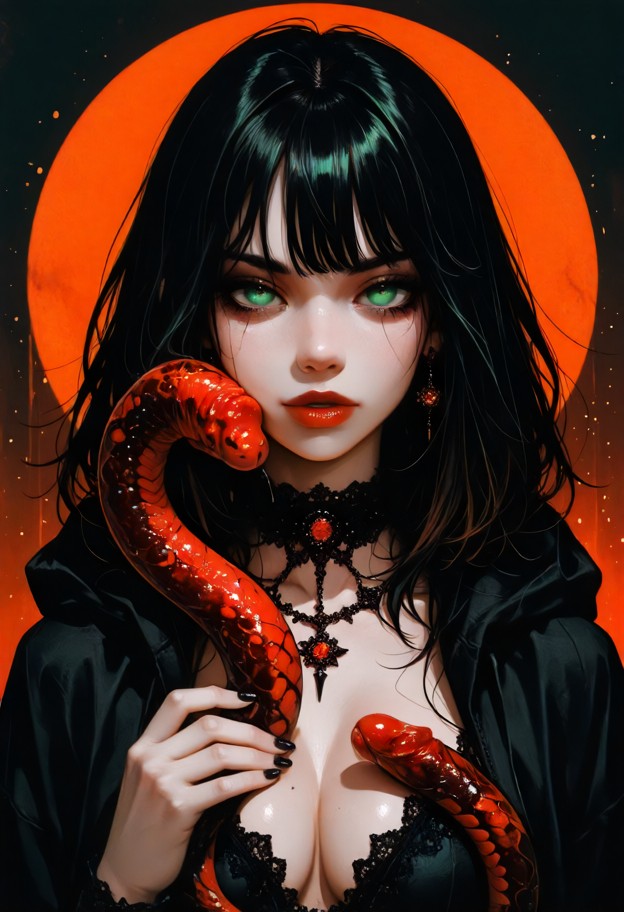 an enigmatic female figure in a black hooded cloak,pale face with an intense gaze,cradling a large patterned snake co…