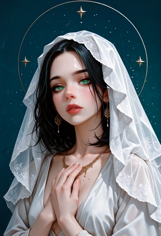 an oil painting-style portrait of a madonna-like figure: bust-length,white flowing robe with a soft pink lining,and a…