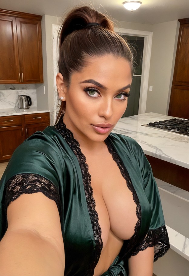 she is leaning on the marble counter,silk robe,black lace trim,kitchen,white marble countertop,wooden cabinets,bright…
