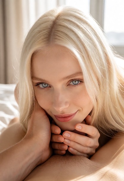 An intensely intimate, high-end artistic photography from a first-person perspective. She is cradling the viewer's he…