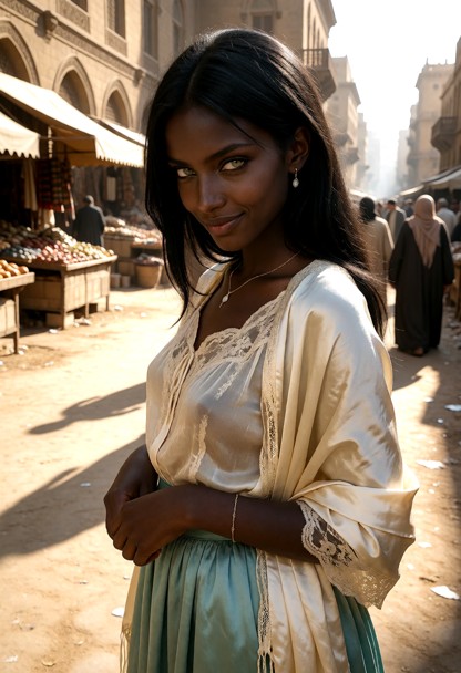 Location: a sun-drenched street in 1876 Cairo with ornate stone architecture, bustling market stalls in the distance,…