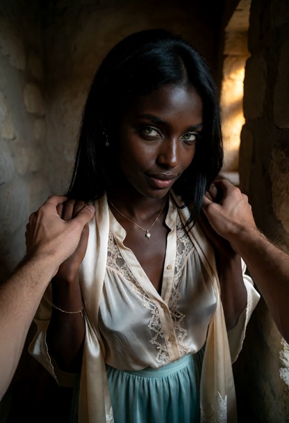 Location: a dim, secluded room with textured stone walls and soft shadows, where faint golden light from a distant st…