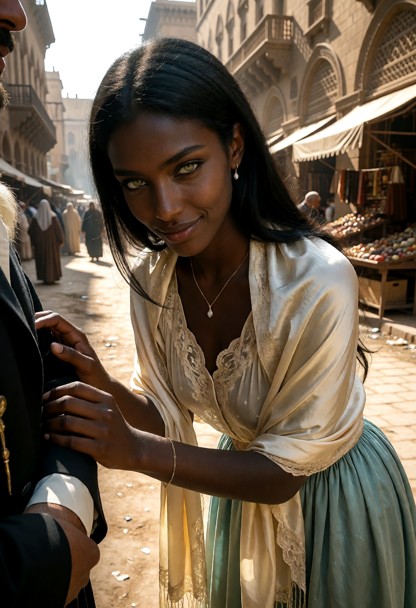 Location: a sun-drenched street in 1876 Cairo with ornate stone architecture, bustling market stalls in the distance,…