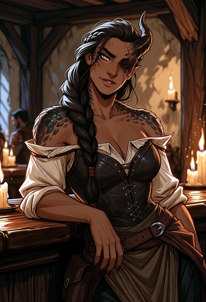 Location: dim, rustic tavern with aged wooden beams, a polished dark wood bar, and flickering candlelight casting lon…