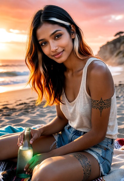 Location: late afternoon at a secluded beach cove where the sky is turning shades of brilliant orange and pink, casti…