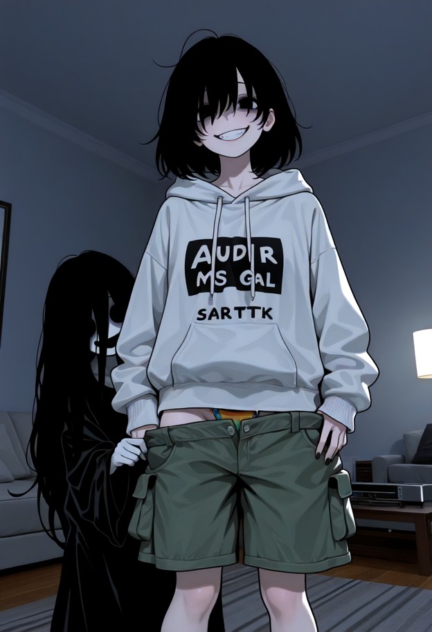 2girls,frontal view,cargo shorts,baggy hoodie,one girl is pulling down the other girls shorts,rainbow thong exposed,s…