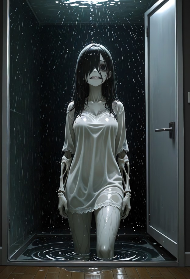 1girl emerging from tv screen,zombie girl,horror,undead woman,white tattered nightgown soaked in water,pale skin,long…