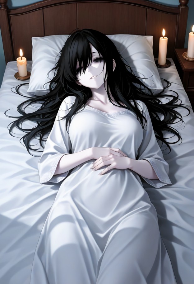 1girl lying on bed,tracing jawline with fingernail,looking at erect penis with sinister smile,naked,large antique woo…