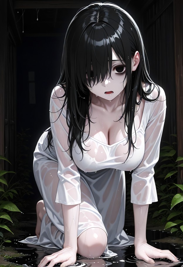1girl kneeling,crawling forward with one leg bent behind her,foot planted in puddle of water,mouth open showing dark …