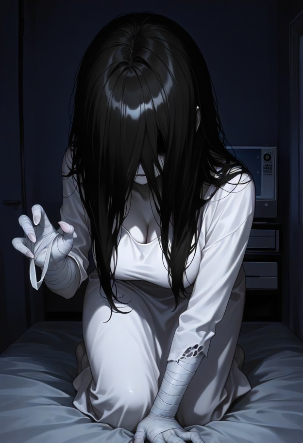 1girl emerging from tv screen,long dark hair covering face,crawling toward you with awkward movements,kneeling at edg…