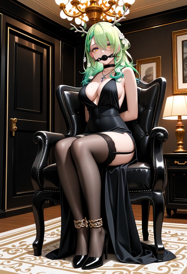 1girl,,breasts,dress,solo,virtual_youtuber,high_heels,thighhighs,black_dress,tail,black_footwear,indoors,full_body,ch…