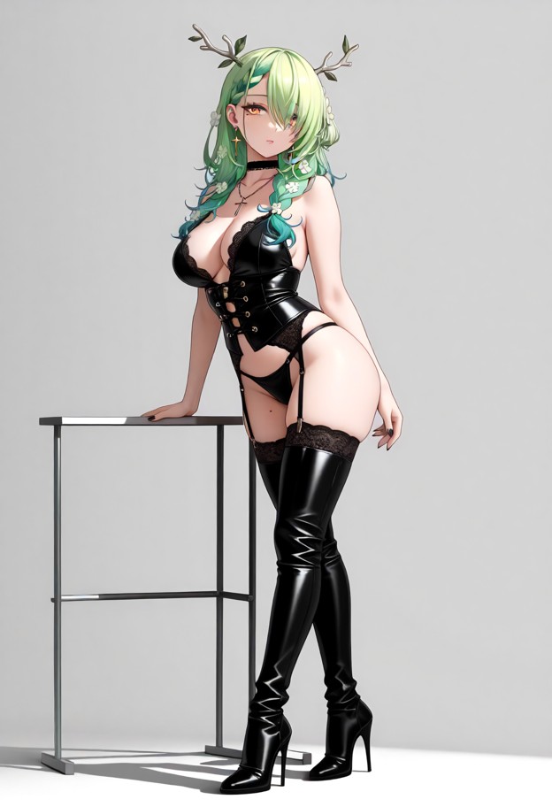 she is is posing in leather clothing,leather corset,thong,garter belt,stockings,thigh high leather boots,stiletto hee…