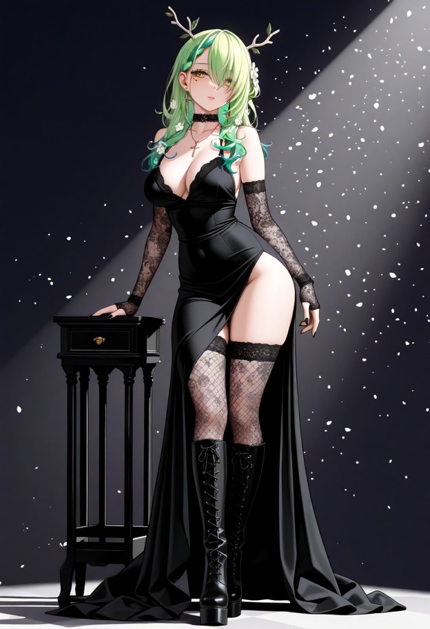 fauna stands facing the viewer with a happy expression,black lace-trimmed frilled halter dress,black fishnet gloves,b…