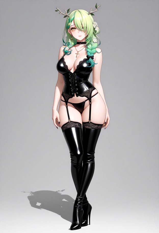 she is is posing in leather clothing,leather corset,thong,garter belt,stockings,thigh high leather boots,stiletto hee…