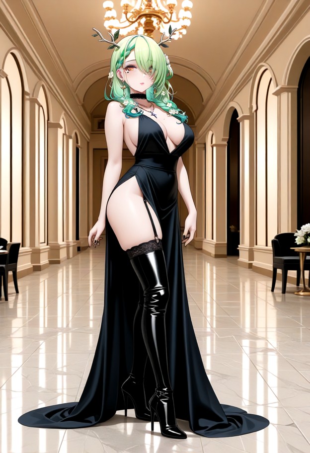 she is wearing evening dress,slit dress,stockings,thigh high leather boots,stiletto heels,ballroom,full body,eye leve…