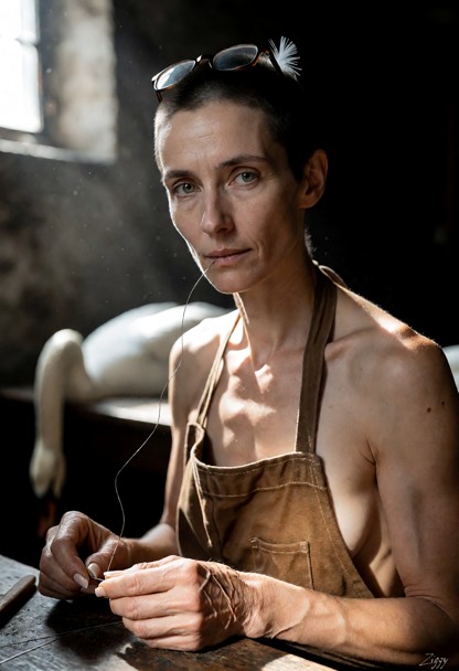 A cinematic photograph of her at a workbench in a museum basement, shot from the chest up, the camera a little below …