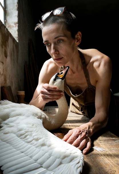 A cinematic photograph in a museum basement workshop, daylight from one high window on the left cutting a hard beam t…