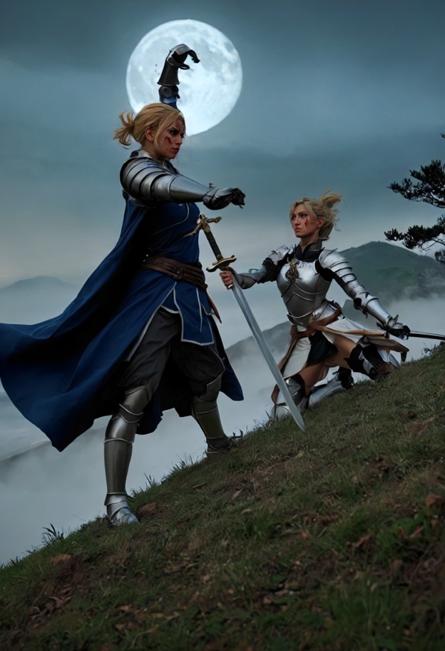 two female characters,clearly separated,main subject: female knight,standing on a hilltop,strong upright posture,domi…