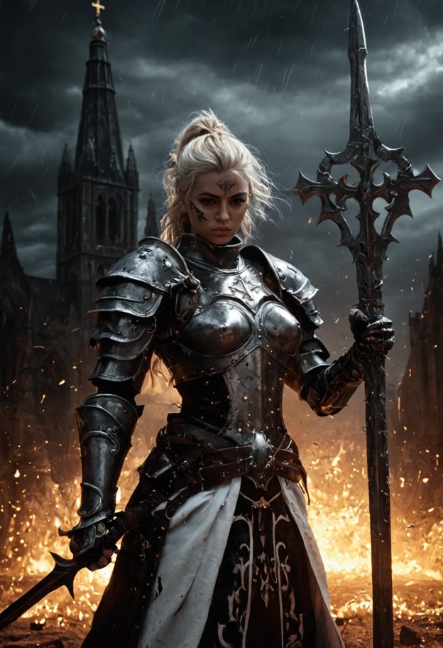 a hyper-realistic cinematic poster of a 1girl crusader from diablo 3,standing in a powerful and heroic pose. she is f…