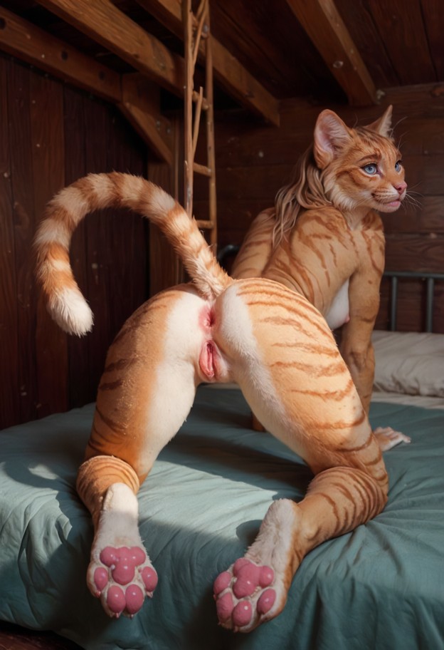1girl,solo,on all fours,ass in air,view from back,view on ass,long_tail,gaping,pussy_juice,looking_at_viewer,eye_cont…