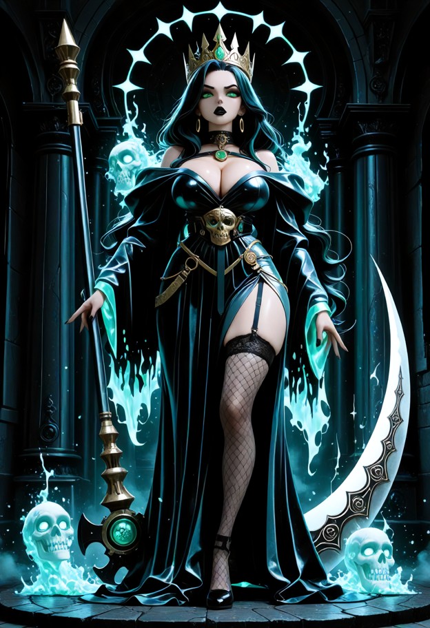 a necromancer draped in deep indigo robes,crowned with ornate silver filigree and skull motifs. she grips a massive,r…