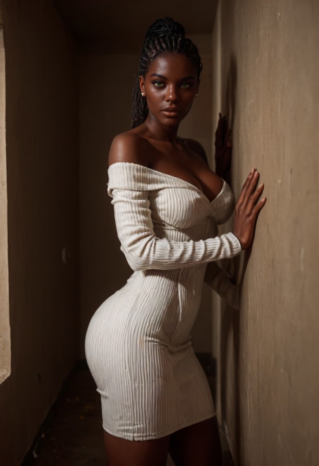 standing against wall,1guy,penis,pov,raven,ribbed beige bodycon dress,white cotton blazer,slipping off shoulder,dimly…