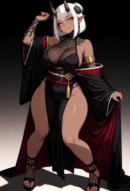Outfit: A stylized black geisha-inspired dress featuring a sheer mesh lattice section across the chest, a high halter…