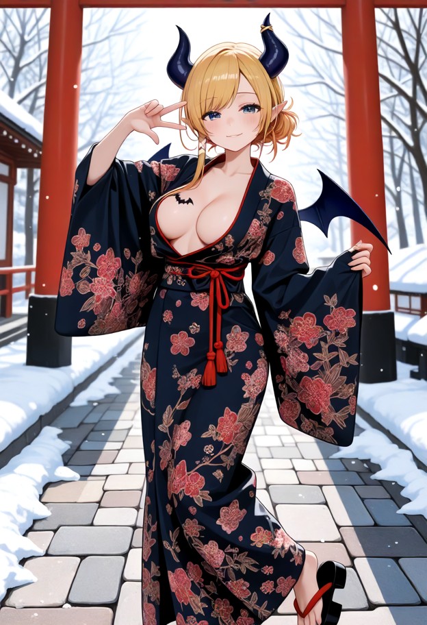 1girl,short hair,standing,kimono posing,look at viewer,colorful furisode,geta,,boobs exposed,nipples exposed,emotiona…