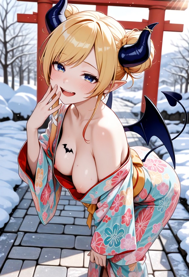 1girl,twisted twintail with bun,standing,leaning forward slightly,look at viewer,colorful cute kimono,geta,,boobs sli…