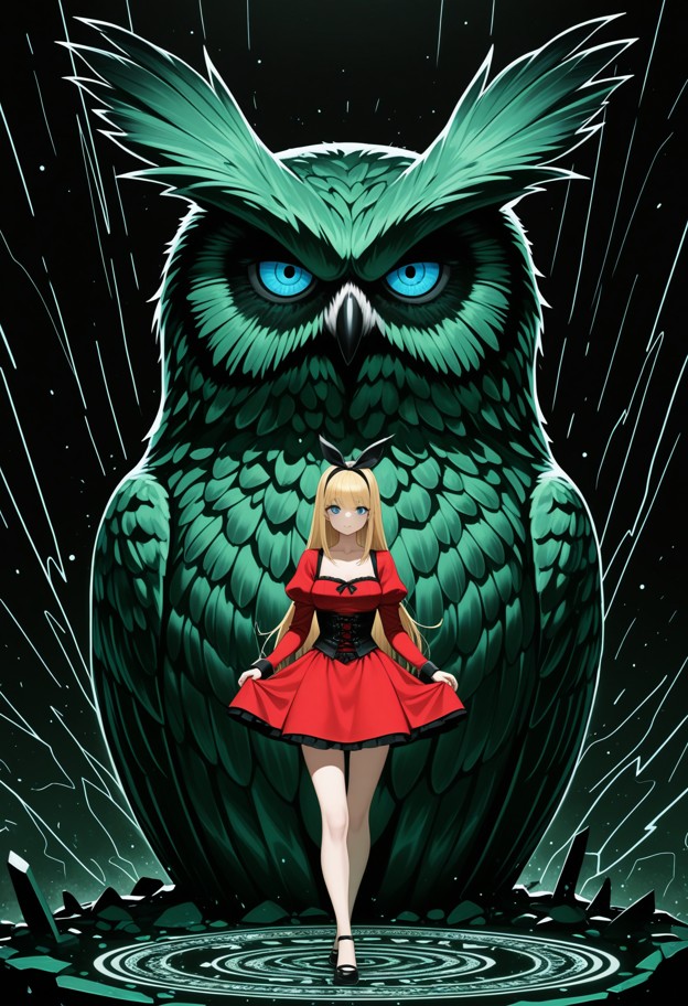 (massive colossal owl face:1.8) filling 95% of the frame,huge luminous emerald green eyes with hypnotic circular patt…