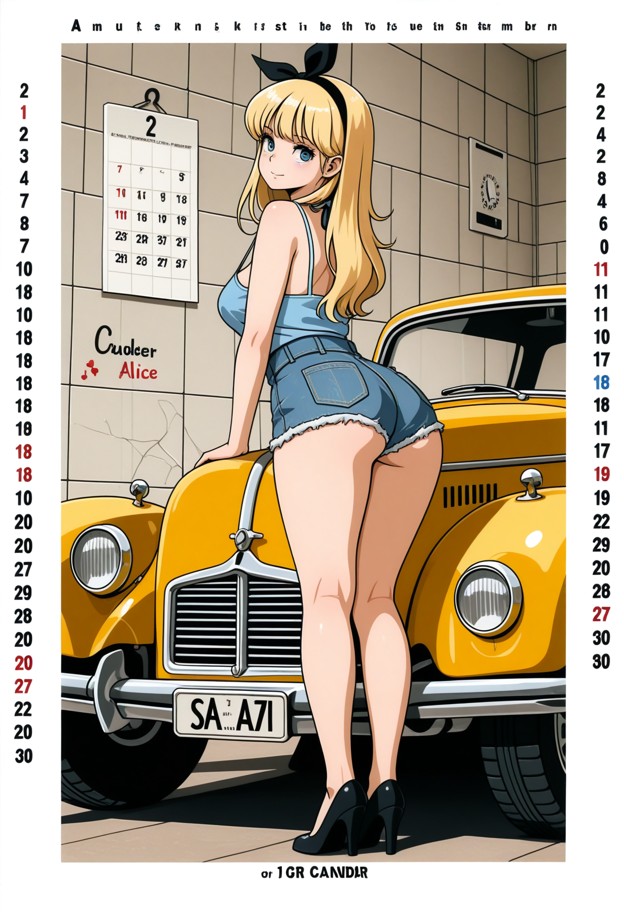 (aged 1970s wall calendar page:1.5). full body shot of a woman with feathered hair in denim shorts,posing by a vintag…