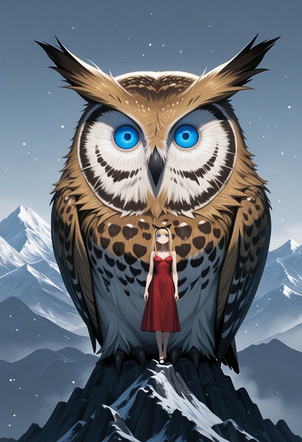 (colossal mountain-sized owl face:1.9) filling 98% of the frame,zoom-in on one giant glowing emerald eye. in the very…