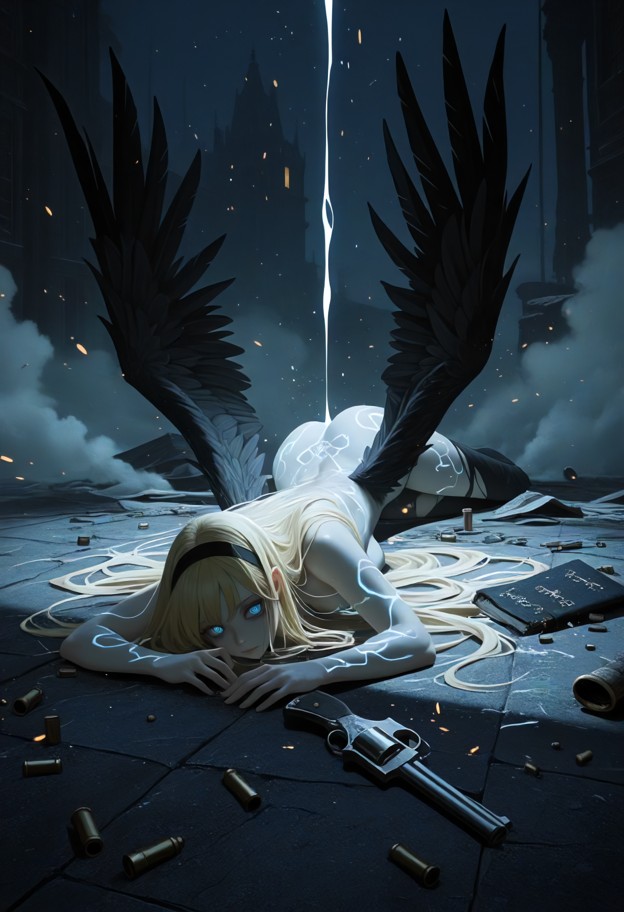 cinematic
 western noir wide shot,aftermath of a duel. in the foreground,a 
scarred female angel stands tall,her mass…