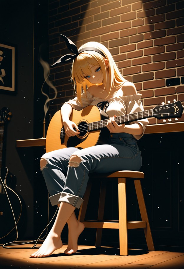 composition: vertical cinematic portrait,medium-full shot. a female guitarist is sitting on a high wooden barstool in…