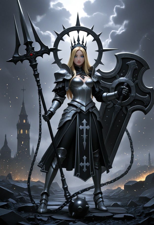 a hyper-realistic cinematic poster of a 1girl crusader from diablo 3,standing in a powerful and heroic pose. she is f…