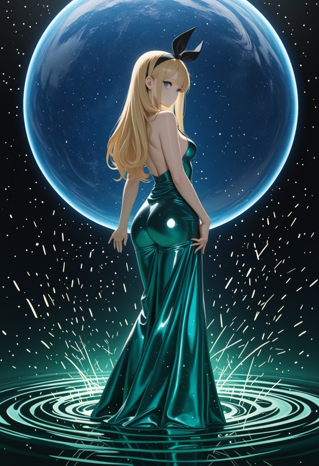 a divine woman standing amidst a swirling cosmic nebula of deep emerald 
green and metallic copper dust. her hands ar…