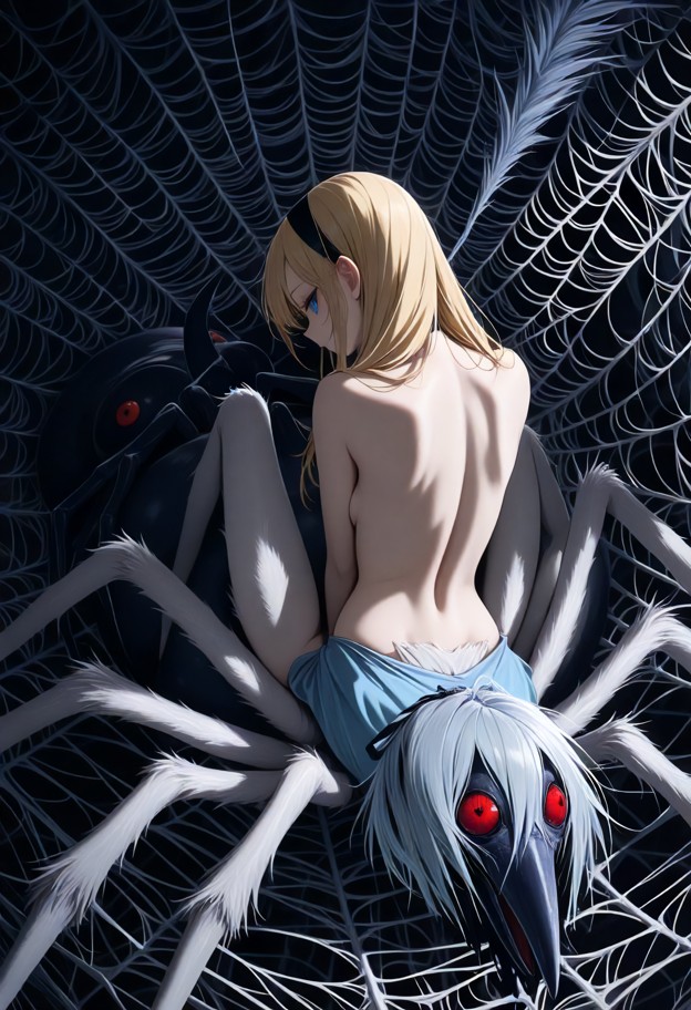 ((arachne creature hybrid:1.6)),((beautiful female drow torso upright seamlessly transitioning into a giant spider ab…