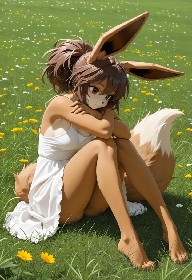 a she is sitting on the grass looking down with wide eyes,white sundress,grassy field,wildflowers,bright daylight,eye…