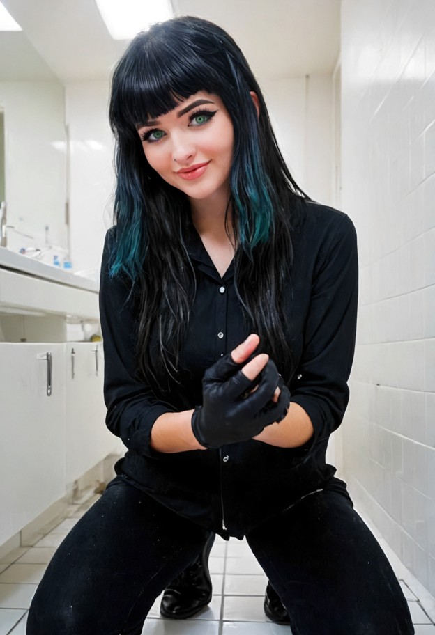 kneeling performing handjob,1guy,penis,pov,she is,naked,black gloves,black boots,looking up,smiling,school bathroom,w…