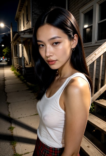 Location: quiet city street at night under the soft glow of distant streetlamps, with long shadows stretching across …