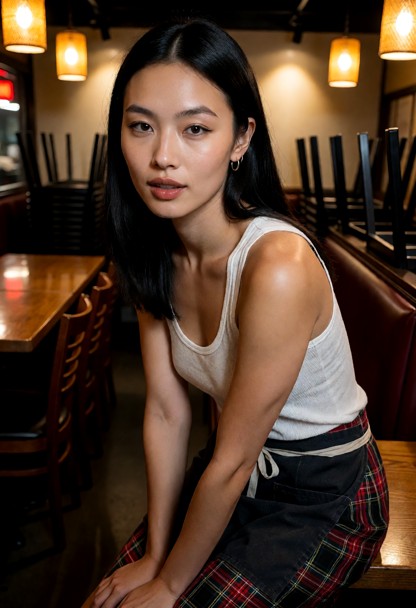 Location: dim Chinese restaurant at night with empty booths, stacked chairs, and warm amber light from hanging pendan…