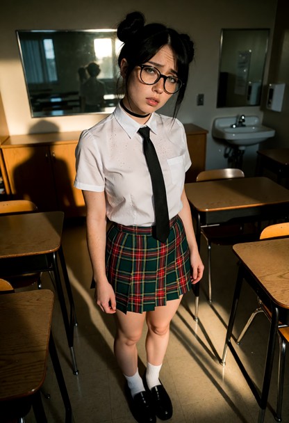 Location: a quiet classroom after hours with desks pushed to the sides and dim, late-afternoon light casting long sha…
