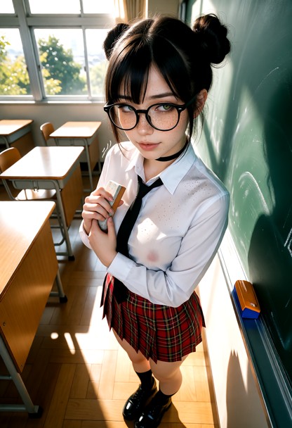 Location: a bright classroom during the morning with sunlight streaming through large windows, illuminating dust mote…