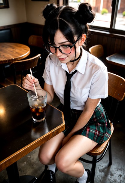 Location: a small local cafe with mismatched wooden furniture and dim, cozy lighting, where the evening sun filters w…