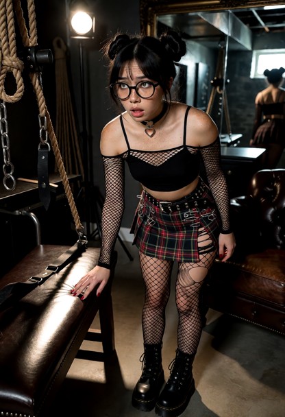 Location: a dimly lit basement sex dungeon filled with various leather furniture, hanging ropes, and a large mirror-l…