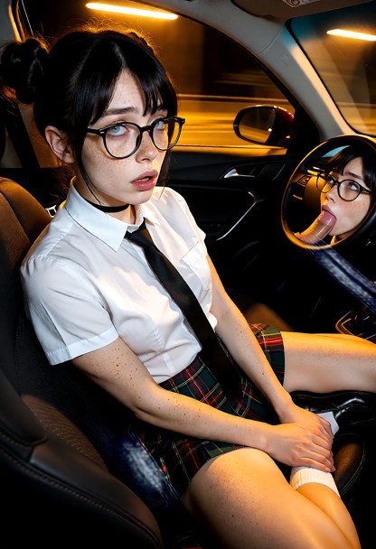 Location: the interior of a moving car at night, where passing streetlights cast rhythmic, sweeping amber glows acros…