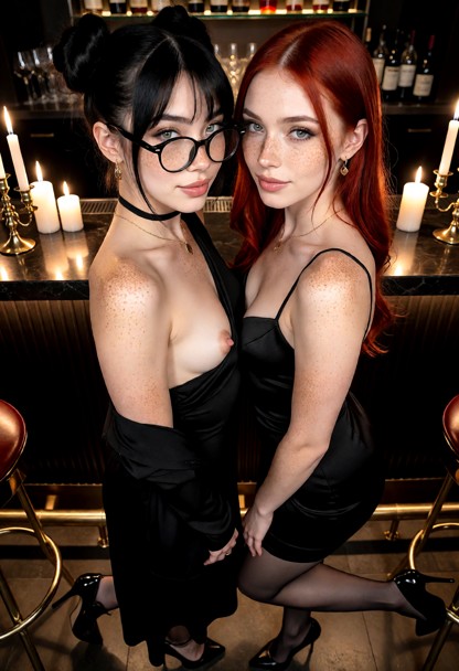 The subject is at a fancy coctail bar with her clone. Both look flirty, with subtle smiles, direct gazes, and soft ex…