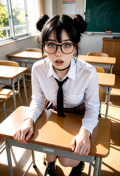 Location: a bright classroom during the morning with sunlight streaming through large windows, illuminating dust mote…