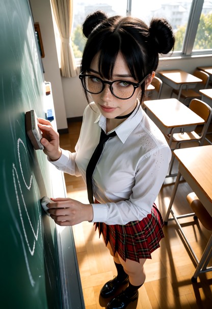 Location: a bright classroom during the morning with sunlight streaming through large windows, illuminating dust mote…